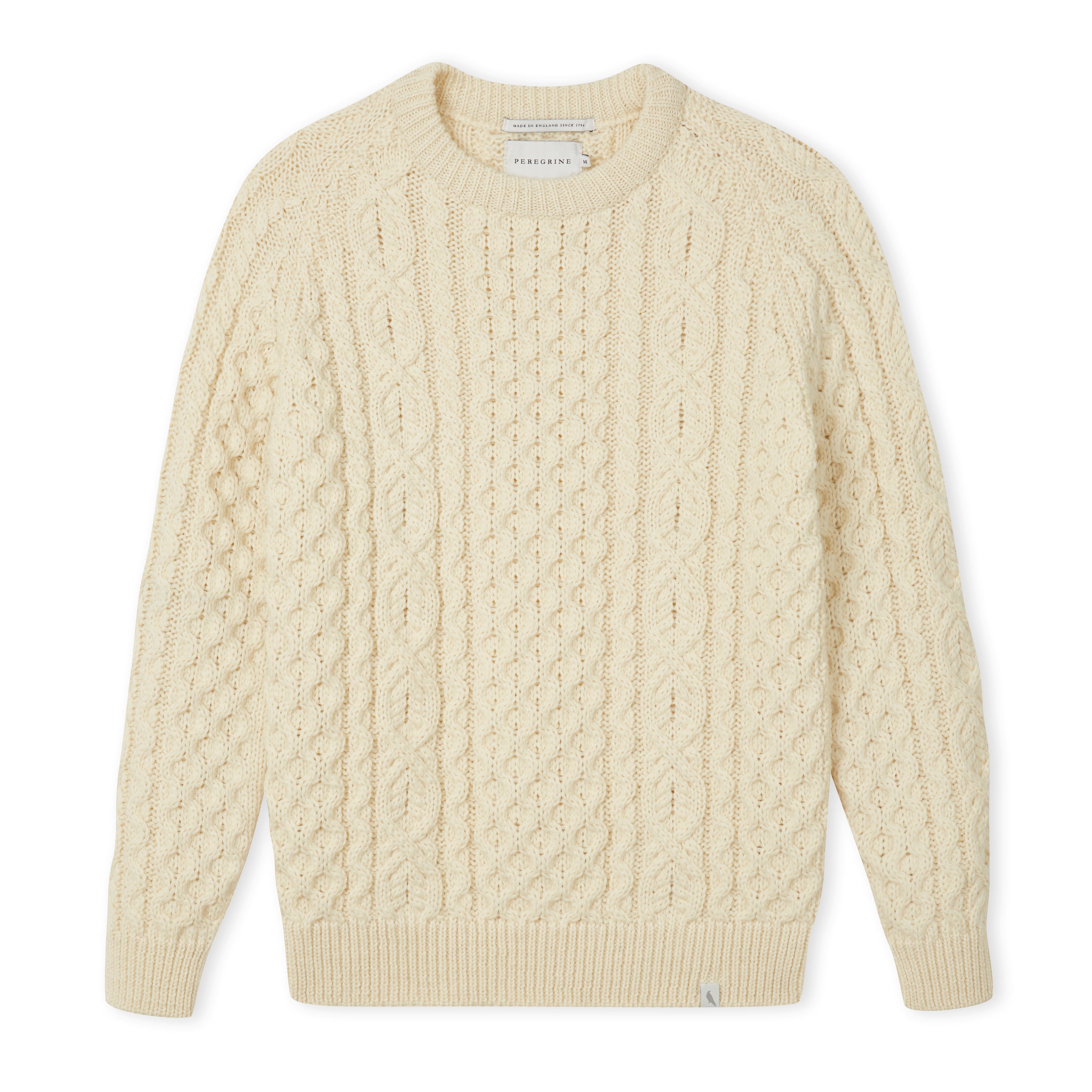 Image of model wearing Hudson Aran Jumper. Model is 6ft1in, chest size 38in and wearing size Large