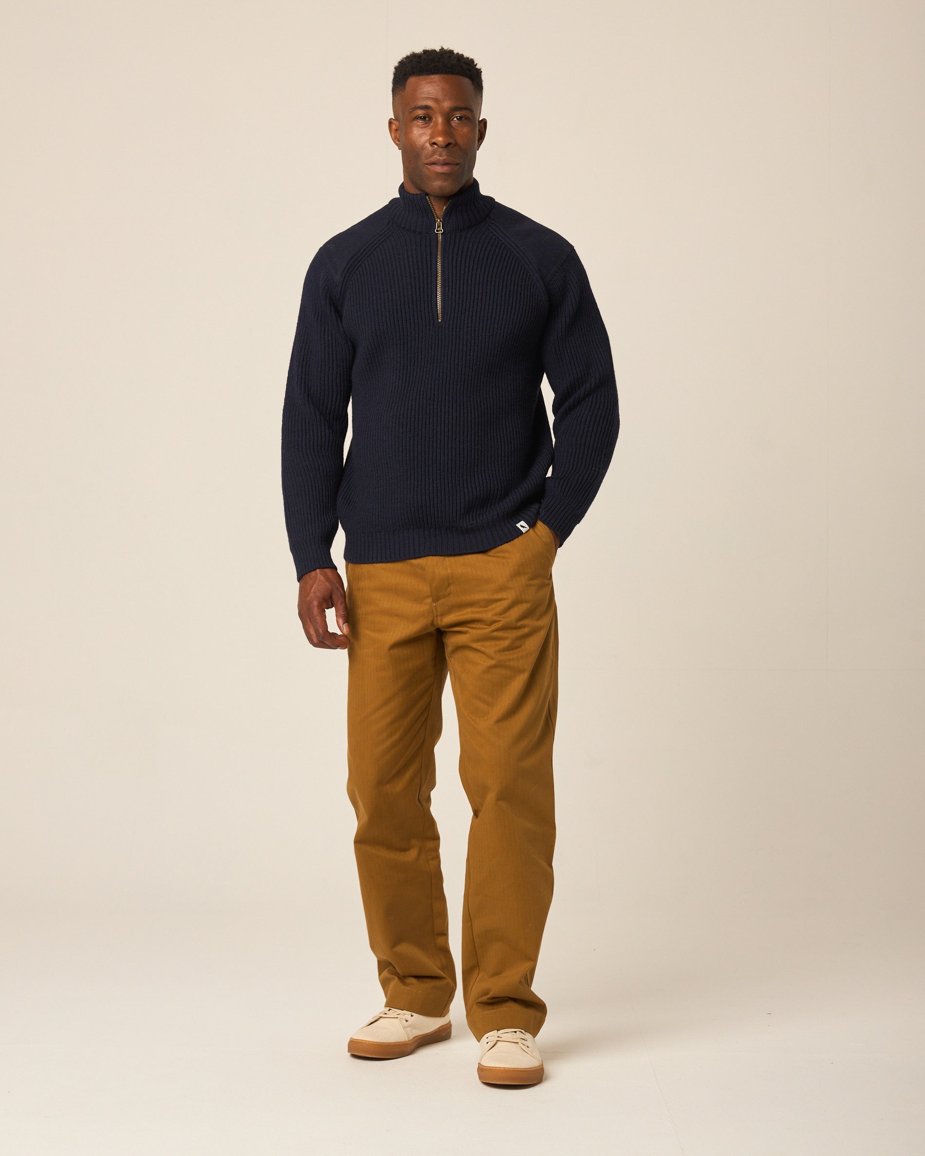 Image of model wearing Foxton Zip Neck. Model is 6ft1in, chest size 38in and wearing size Small
