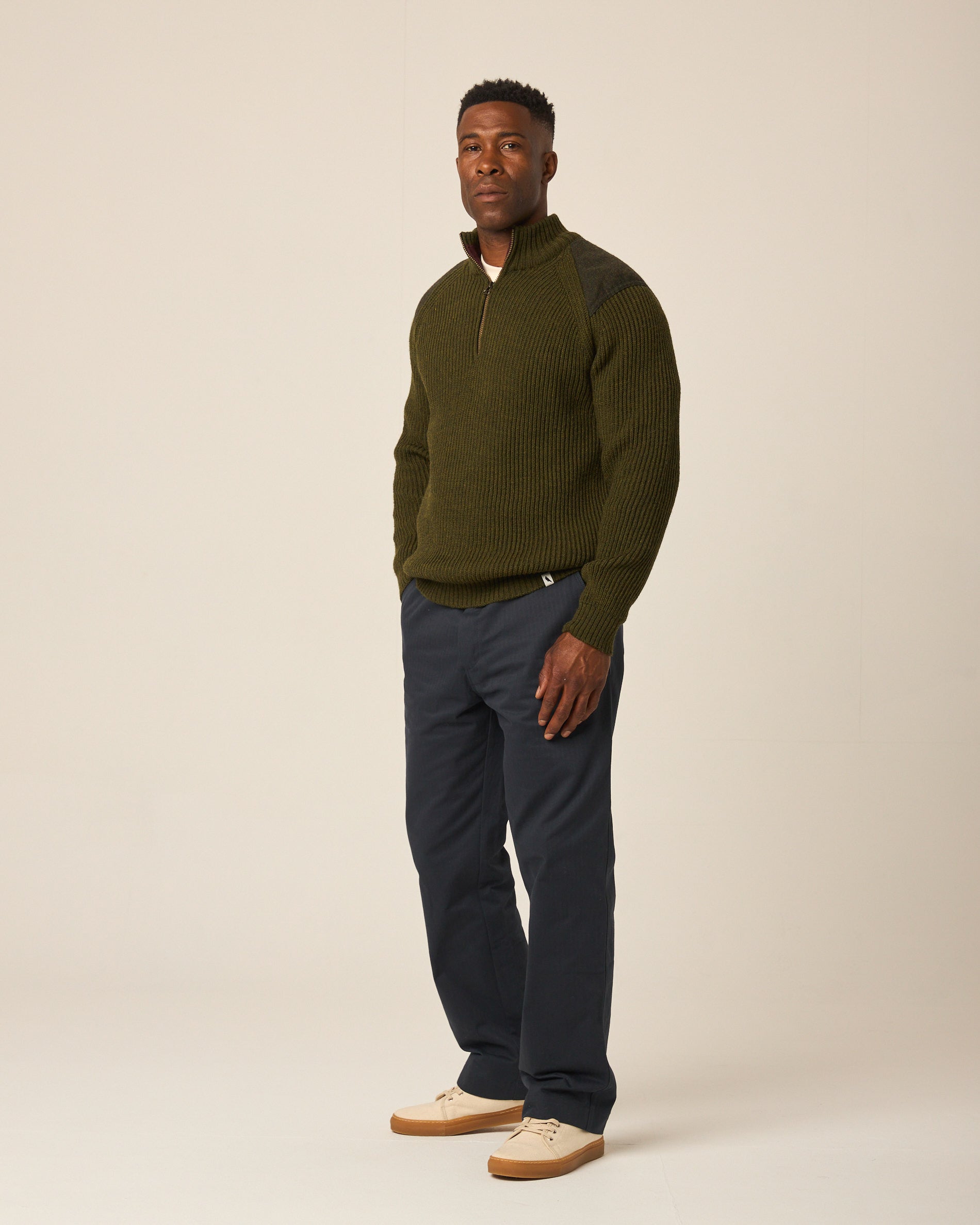 Image of model wearing Foxton Zip Neck. Model is 6ft0in, chest size 40in and wearing size L