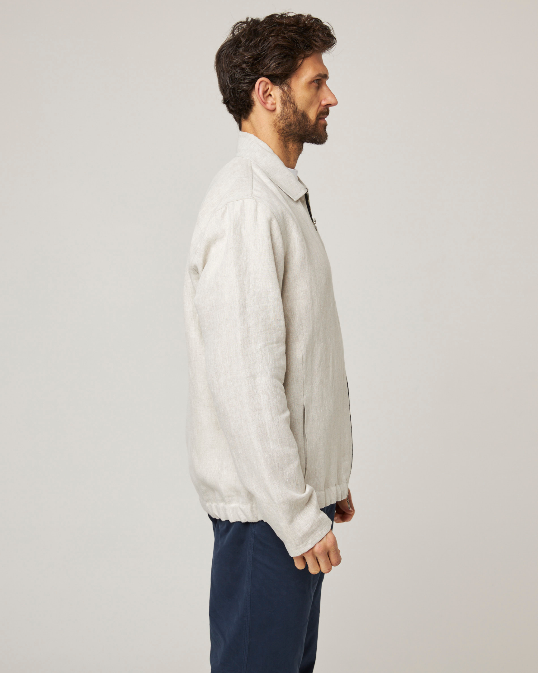 Image of model wearing Heybrook Linen Bomber Jacket . 