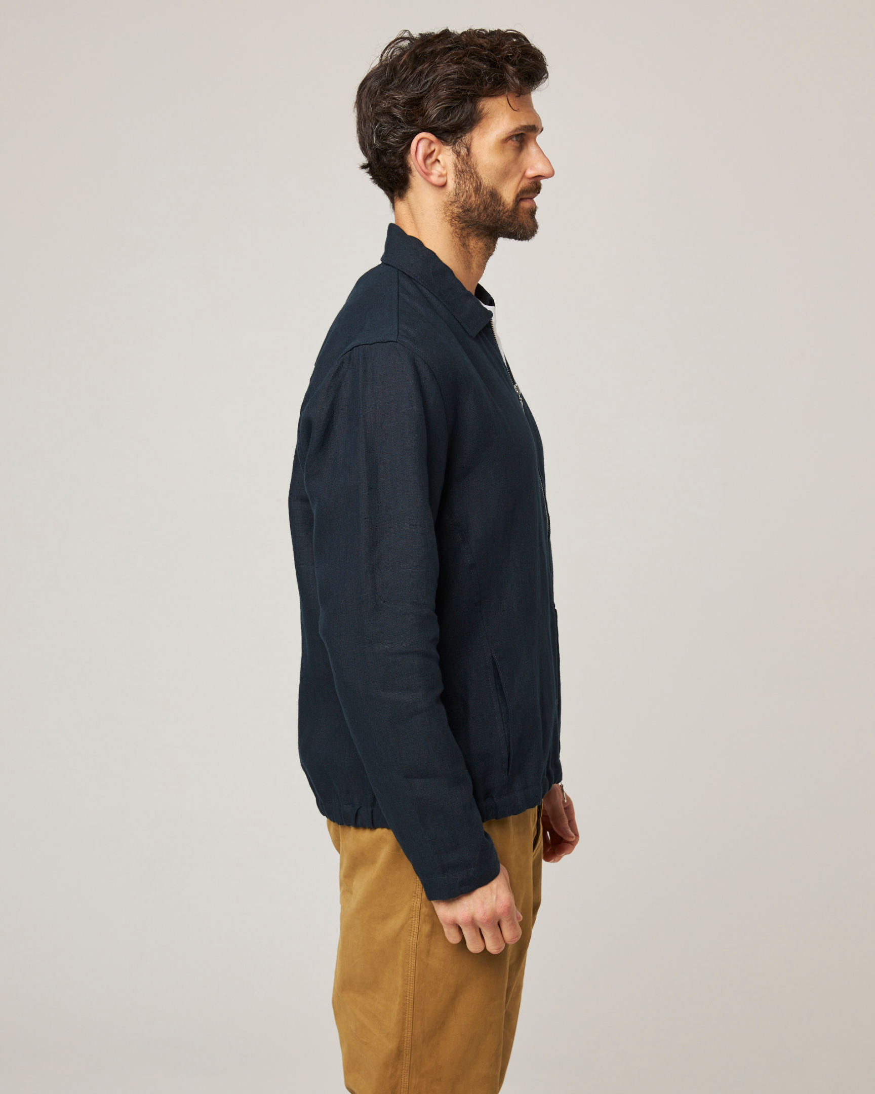 Image of model wearing Heybrook Linen Bomber Jacket . 