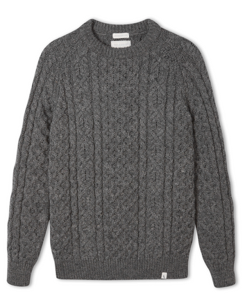 Image of model wearing Hudson Aran Jumper. Model is 6ft1in, chest size 38in and wearing size Medium