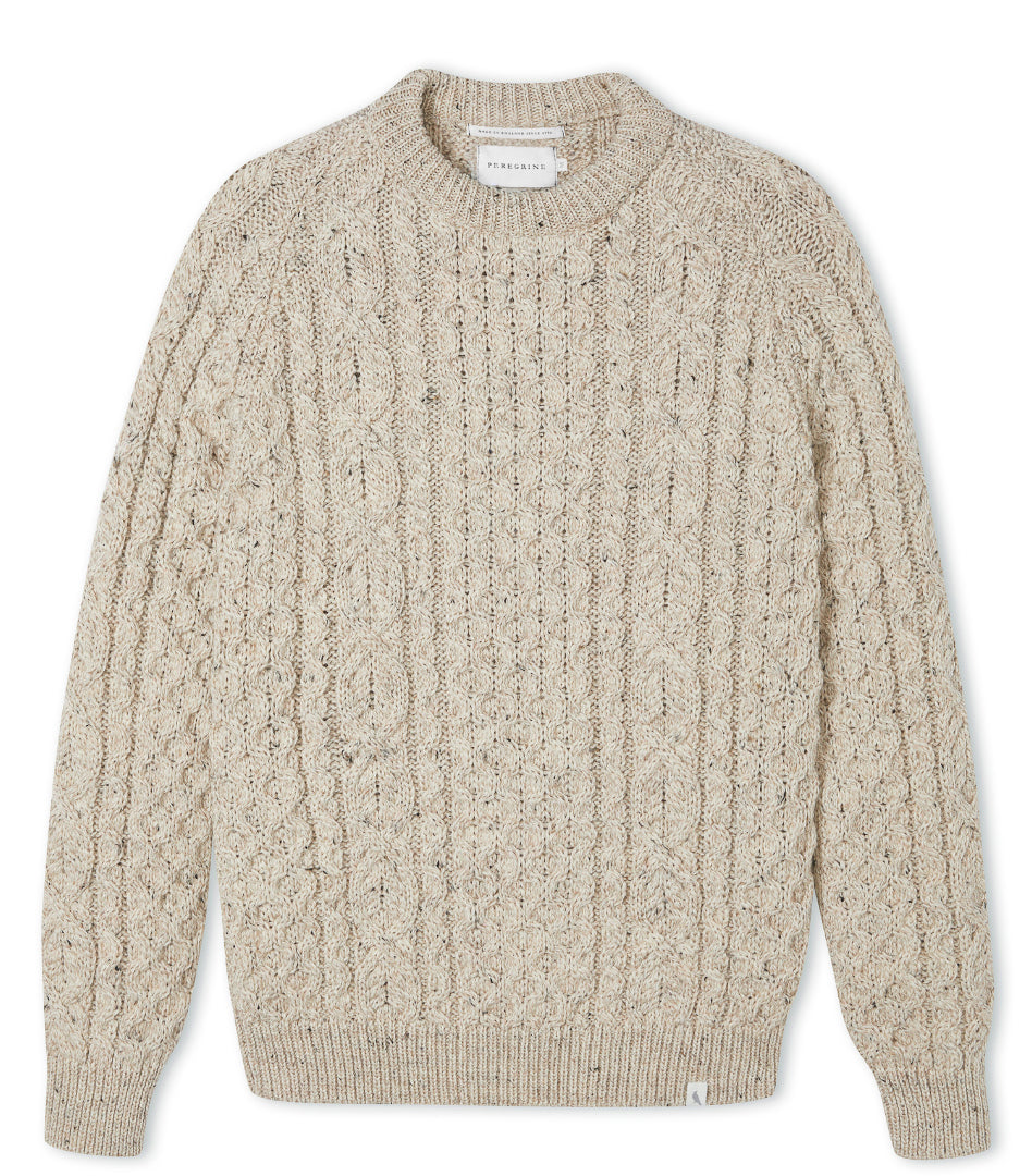 Image of model wearing Hudson Aran Jumper. Model is 6ft, chest size 36in and wearing size Large