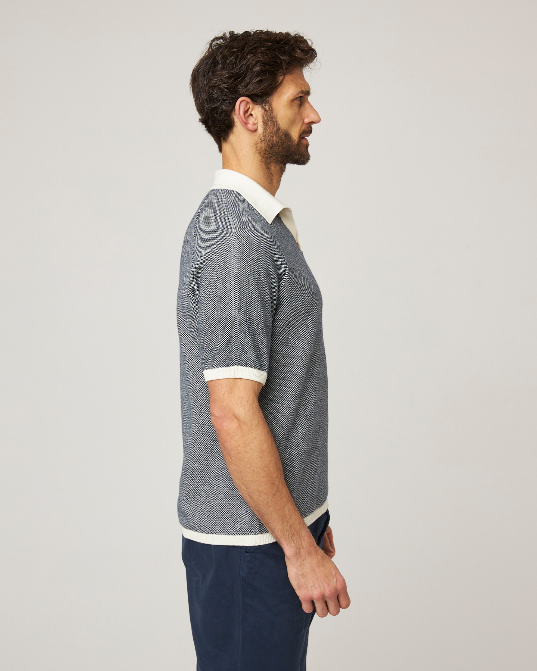 Image of model wearing Lynton Polo Shirt. 