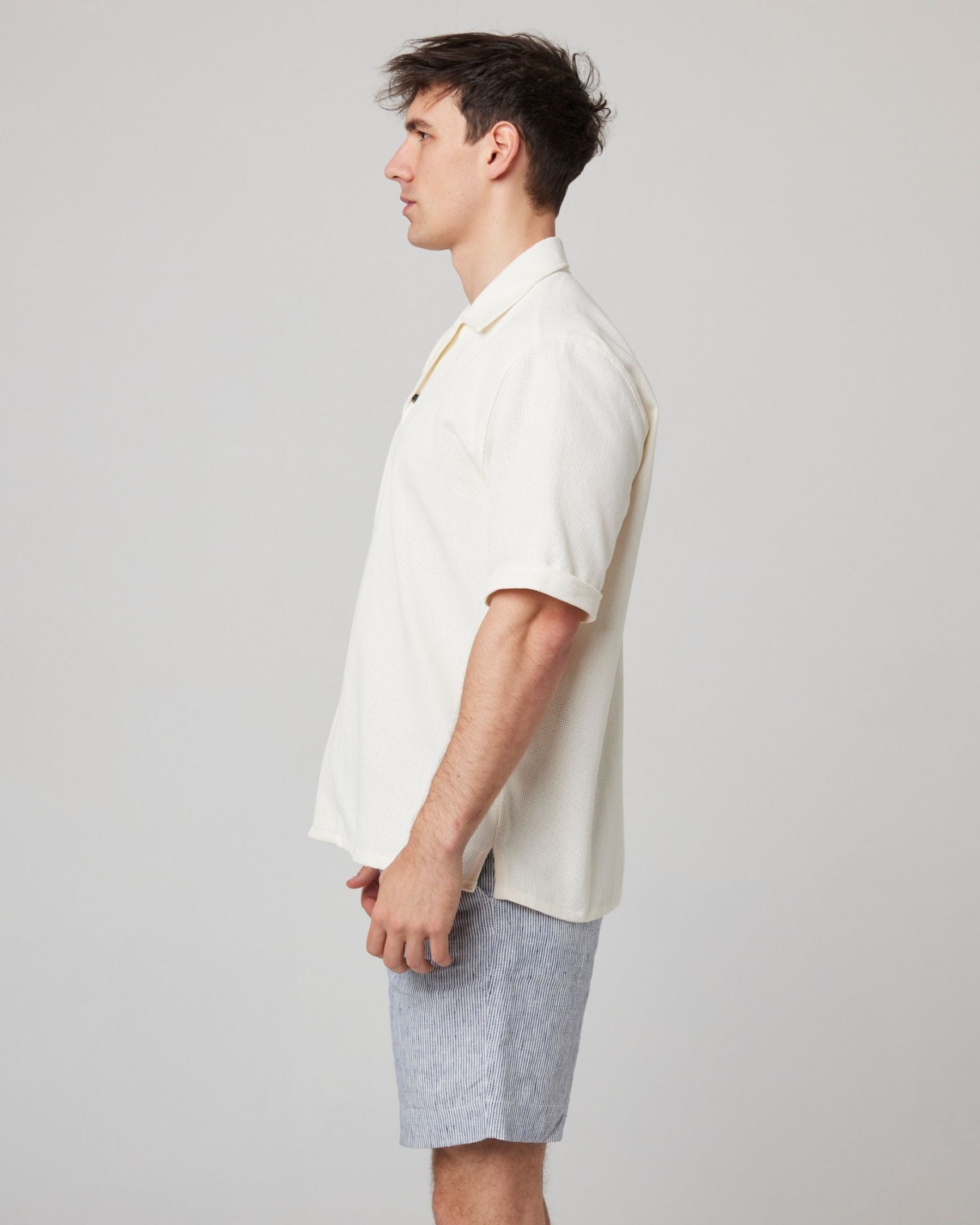 Image of model wearing Quay Cuban Collar Shirt . 