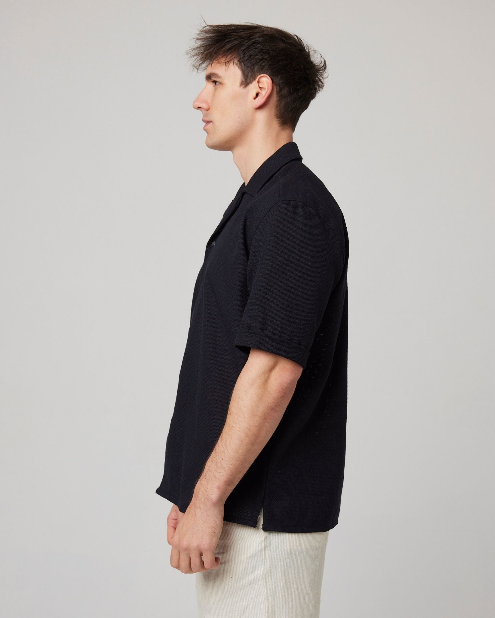 Image of model wearing Quay Cuban Collar Shirt . 
