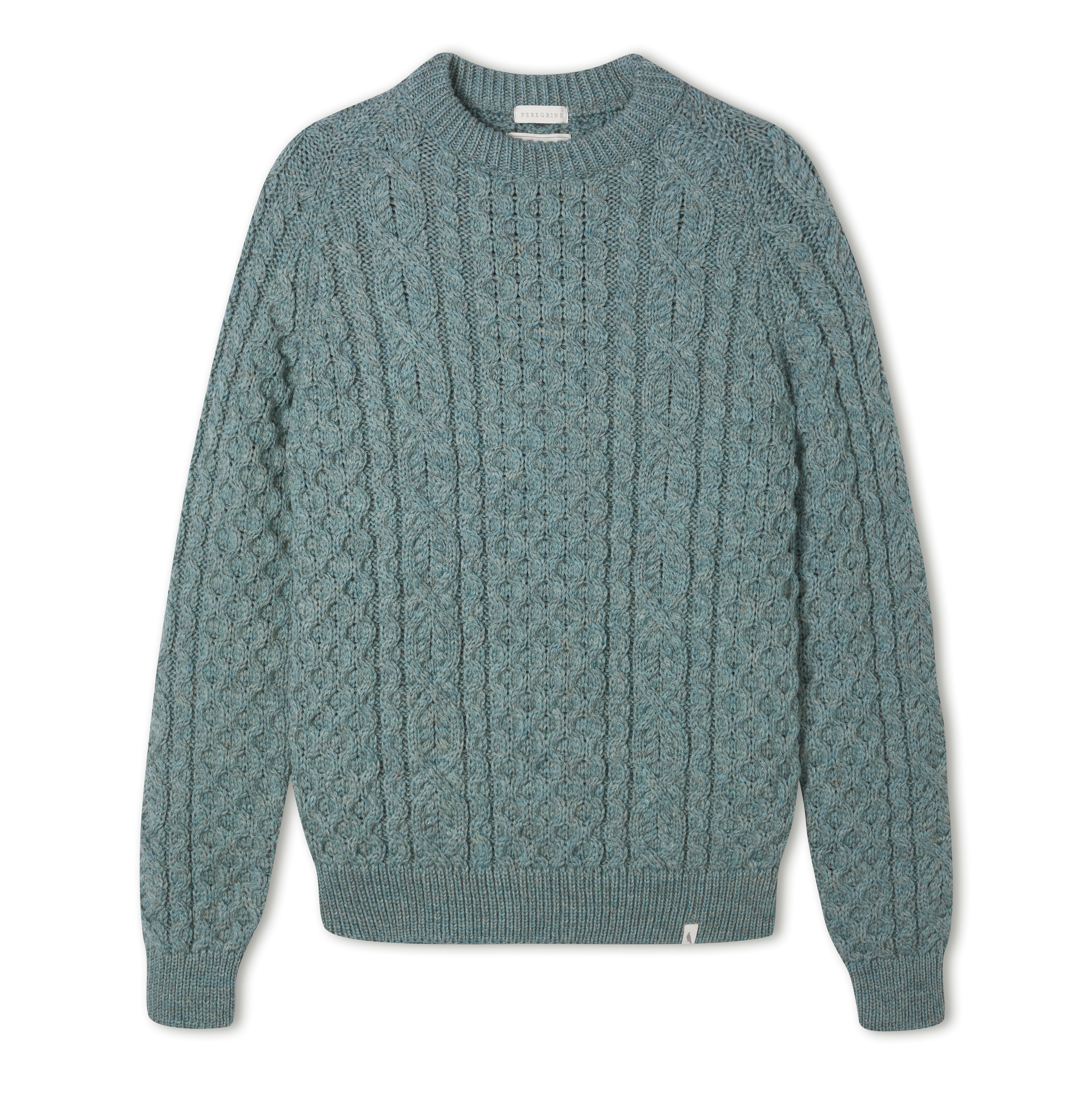 Image of model wearing Hudson Aran Jumper. Model is 6ft1in, chest size 40in and wearing size Large
