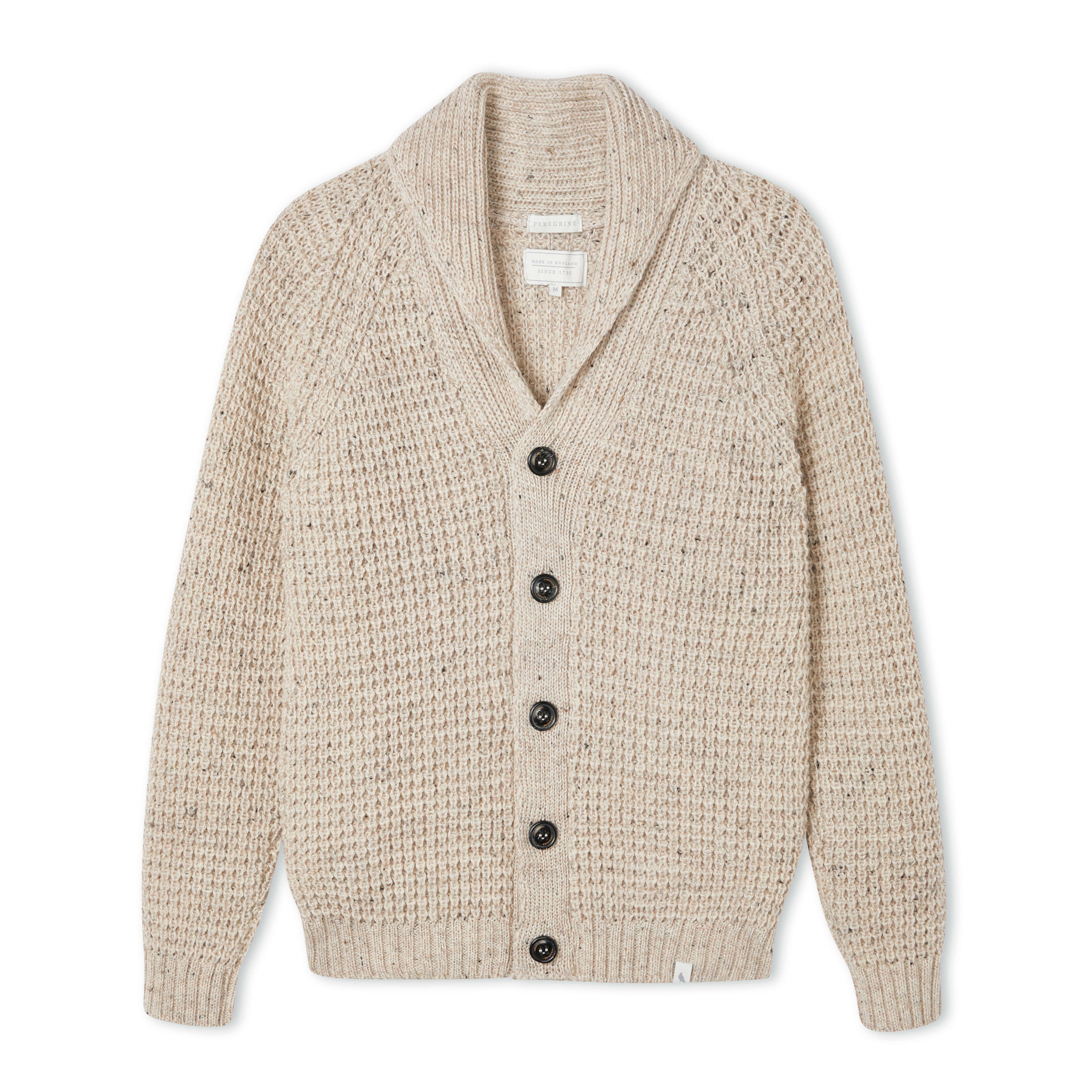 Image of model wearing Waffle Shawl Cardigan. Model is 6ft, chest size 36in and wearing size Medium