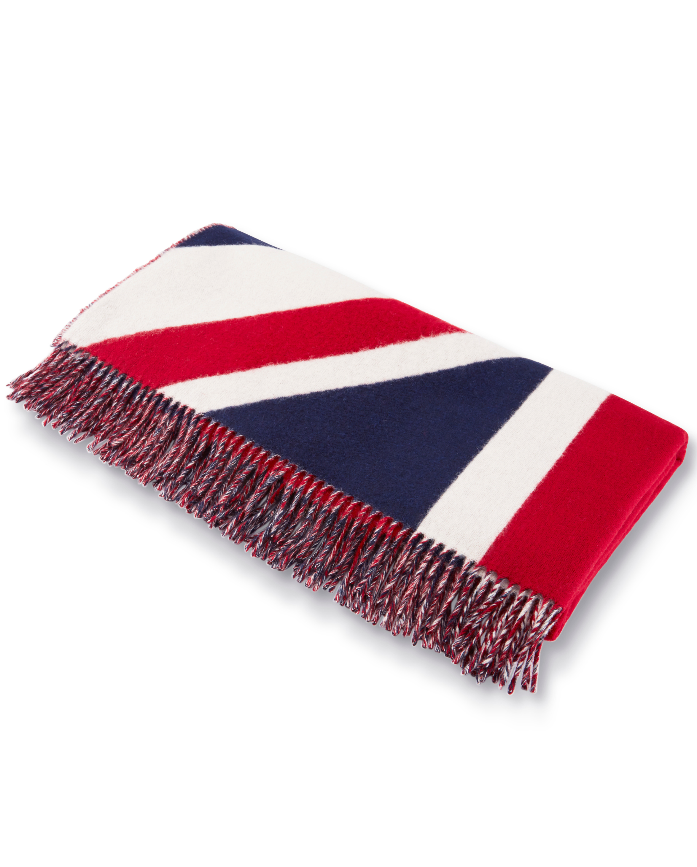 Image of model wearing Union Jack Wool Blanket. Size: 200cm x 135cm (includes fringe)