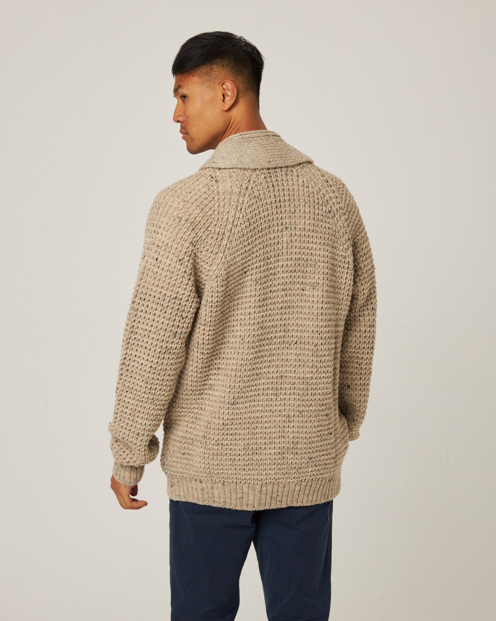 Image of model wearing Waffle Shawl Cardigan. Model is 6ft, chest size 36in and wearing size Medium