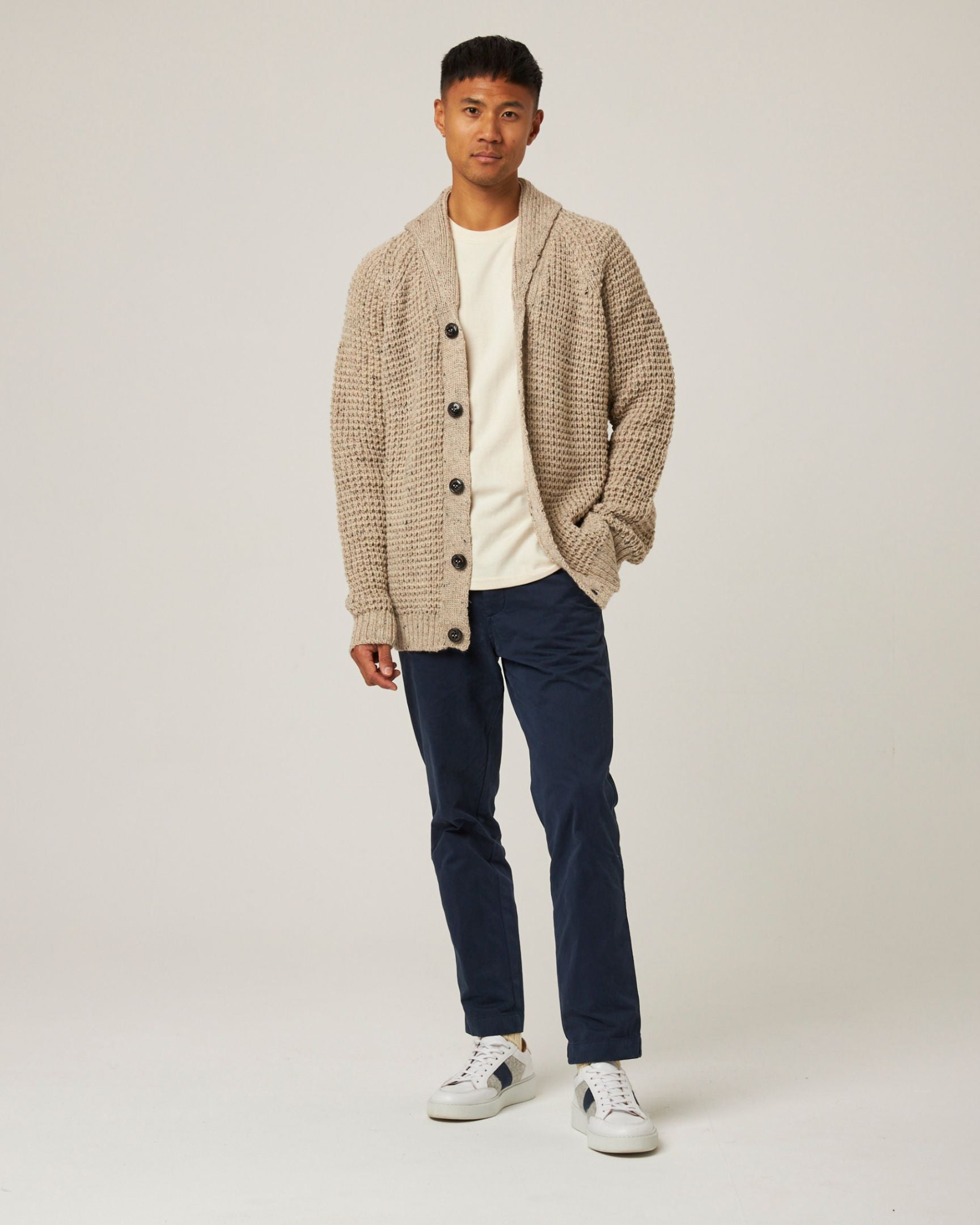 Image of model wearing Waffle Shawl Cardigan. Model is 6ft, chest size 36in and wearing size Medium