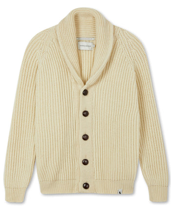 Image of model wearing Wilkinson Cardigan. Model is 6ft1in, chest size 38in and wearing size Large