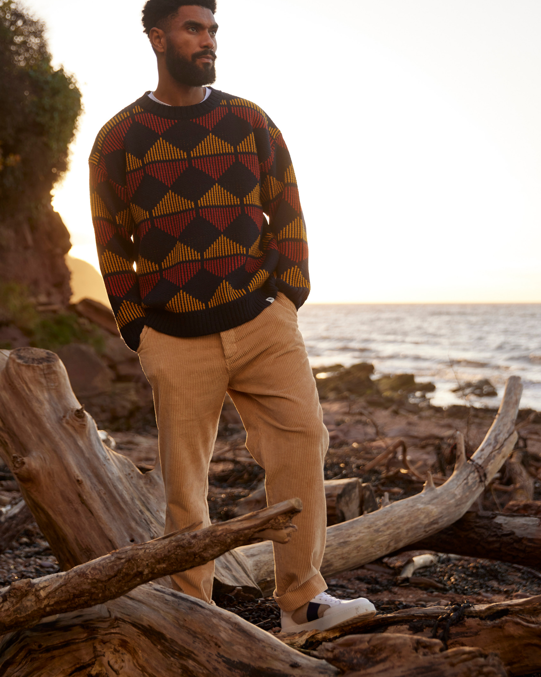 Image of model wearing Blake Corduroy Trousers. 