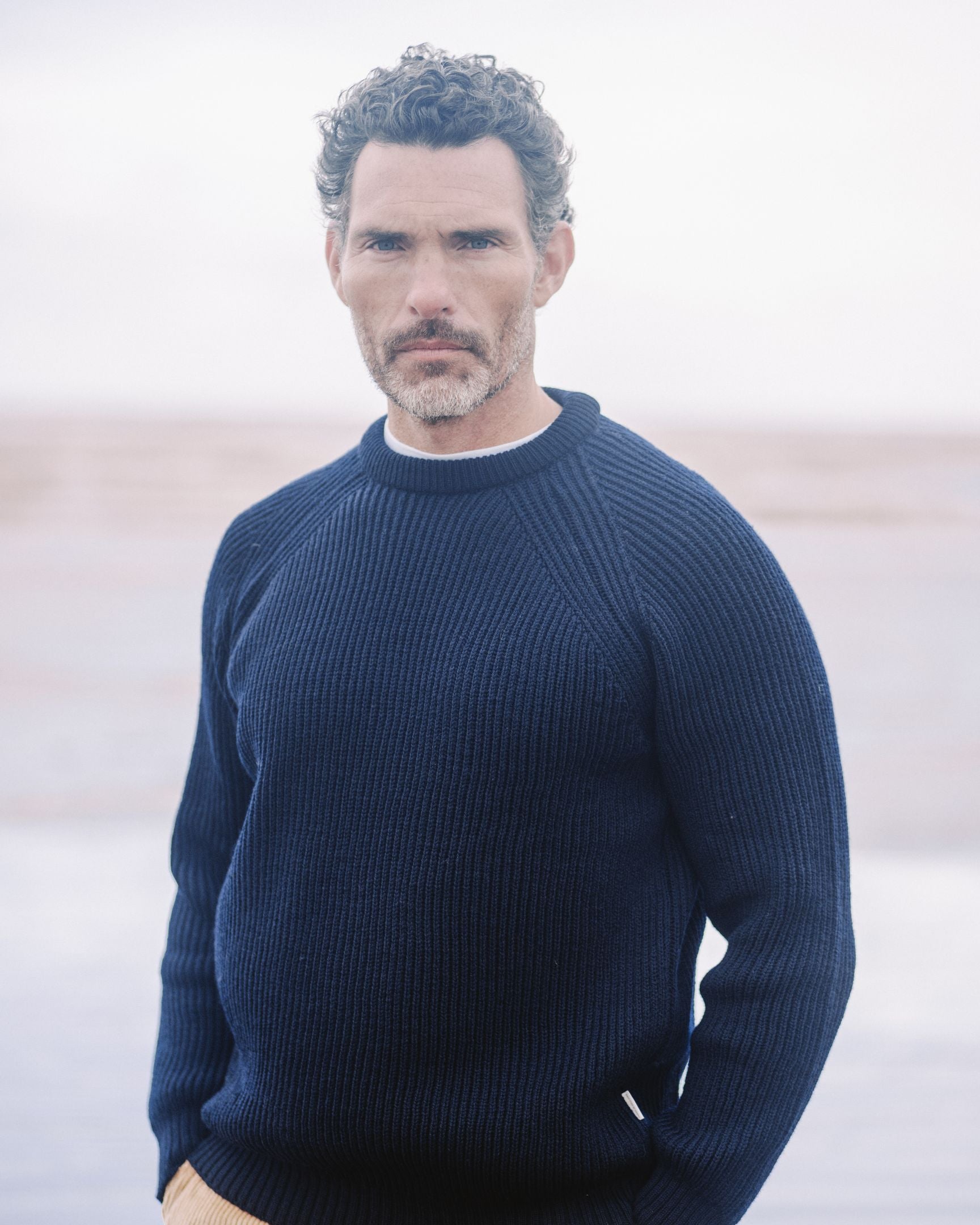 Image of model wearing Ford Crew Jumper. Model is 6ft, chest size 36in and wearing size Large