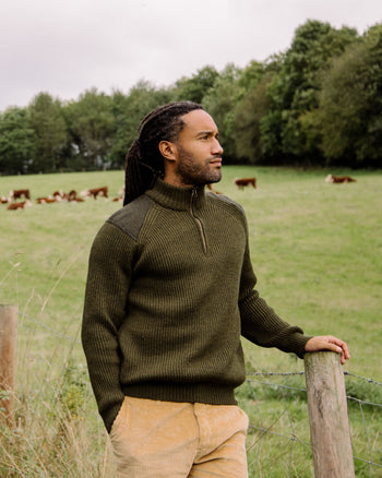 Image of model wearing Foxton Zip Neck. Model is 6ft1in, chest size 38in and wearing size XL