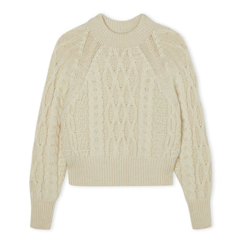 Image of model wearing Isobel Aran Jumper. Model is 5ft8, size UK 8 and wearing size Small