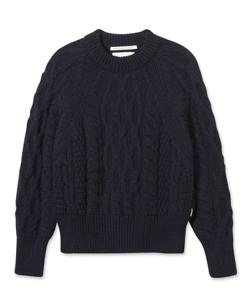 Image of model wearing Isobel Aran Jumper. Model is 5ft8, size UK 8 and wearing size Small