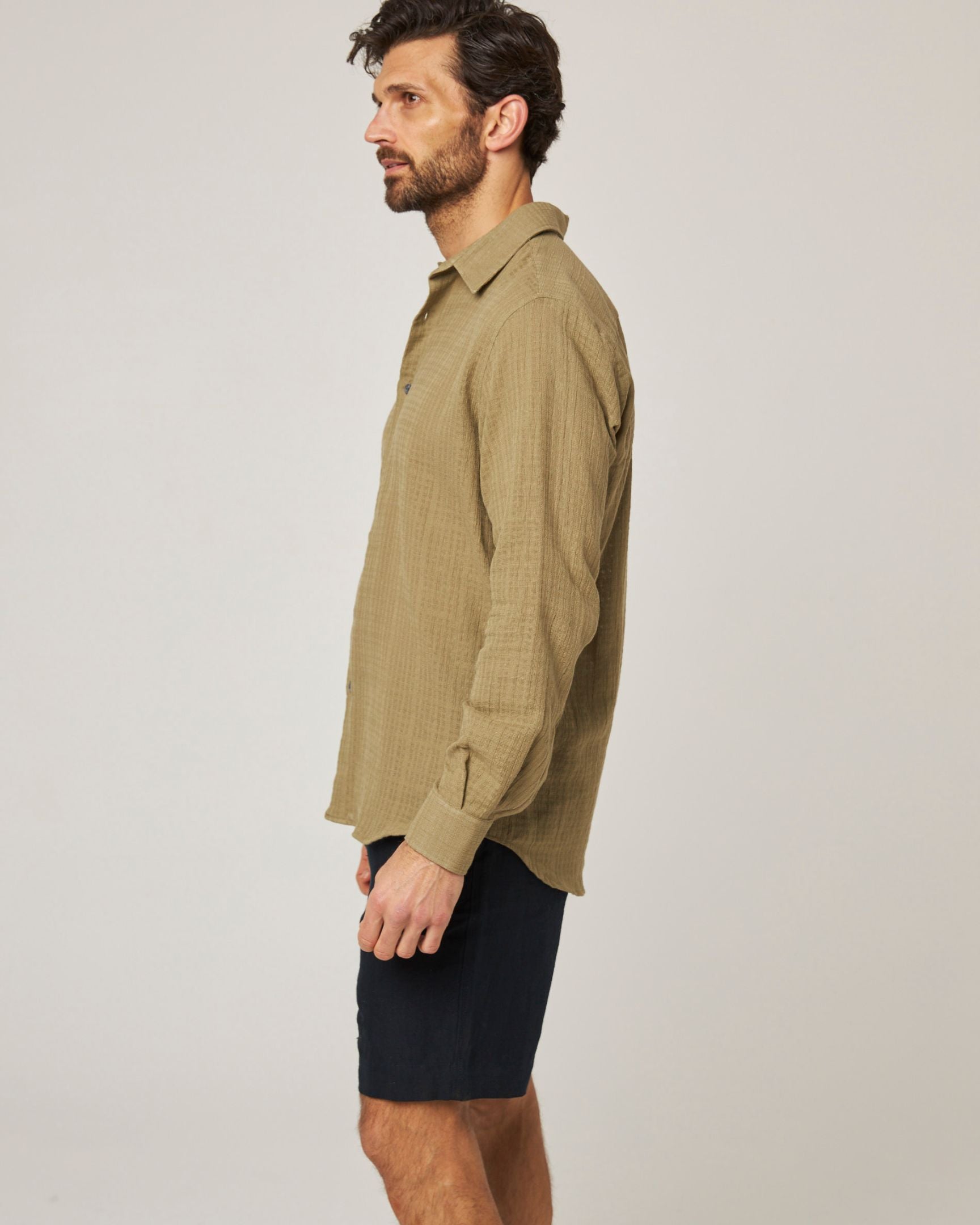 Image of model wearing Resort Shirt. 