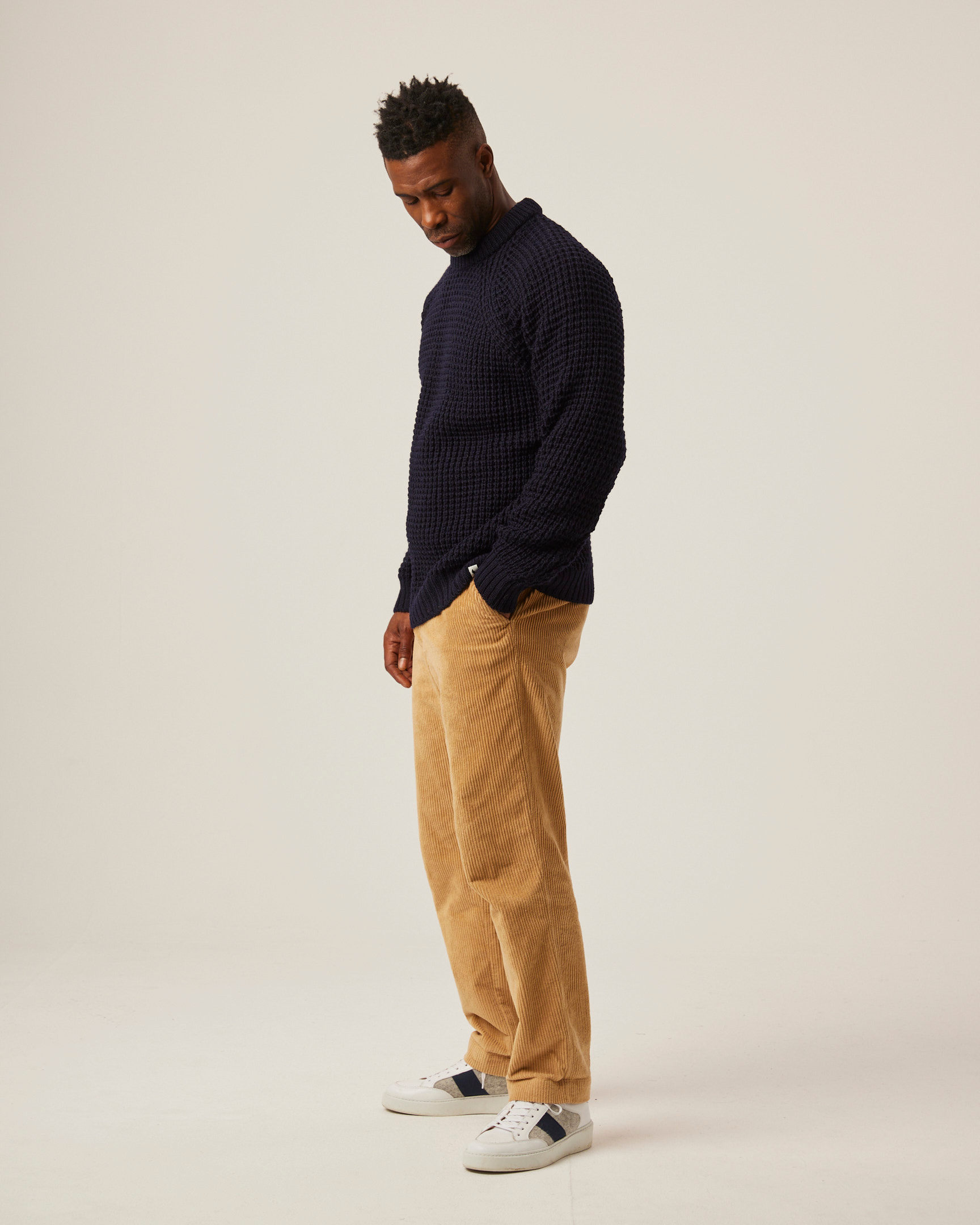 Image of model wearing Waffle Crew Neck Jumper. Model is 6ft, chest size 36in and wearing size Medium