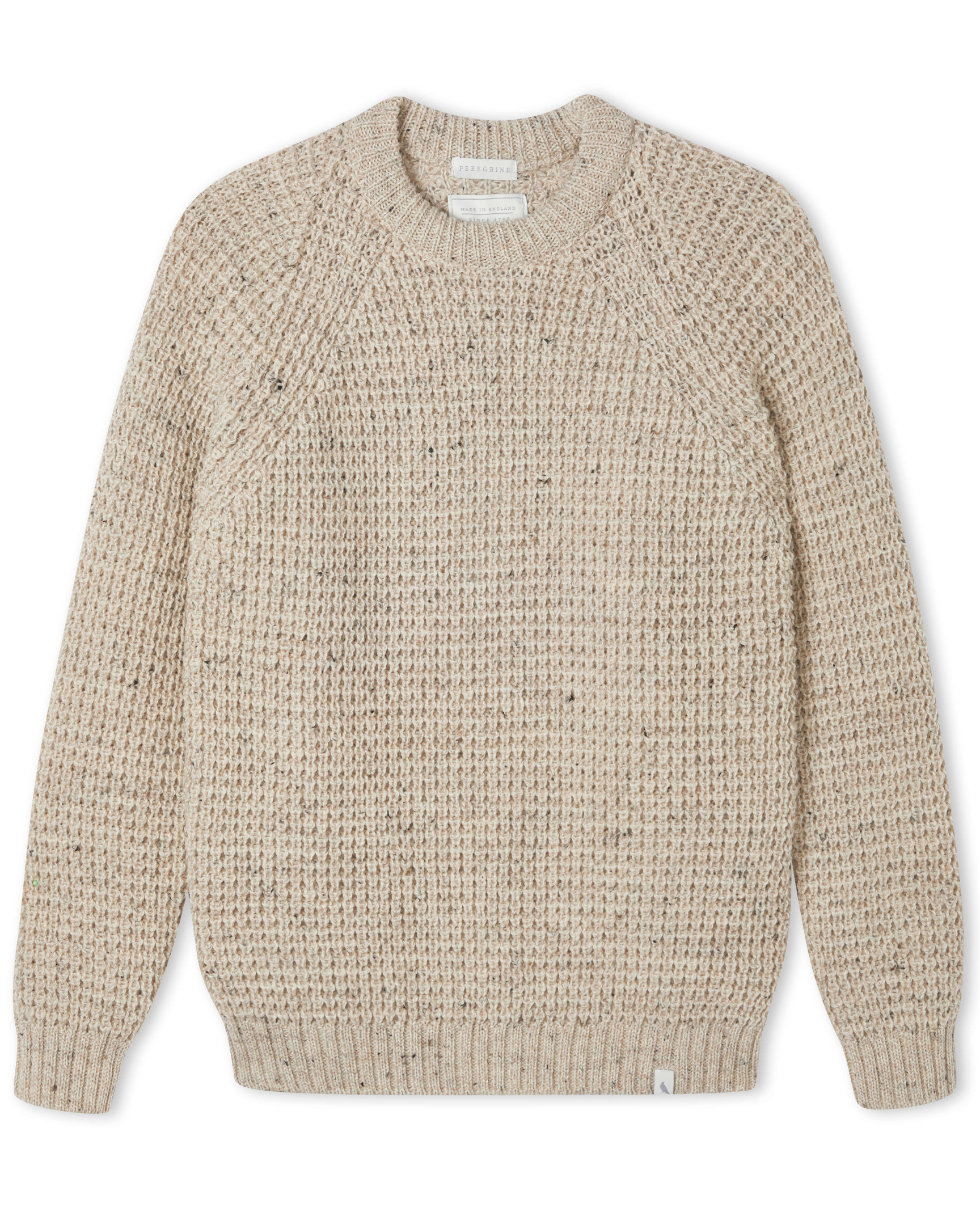 Image of model wearing Waffle Crew Neck Jumper. Model is 6ft1in, chest size 38in and wearing size Medium